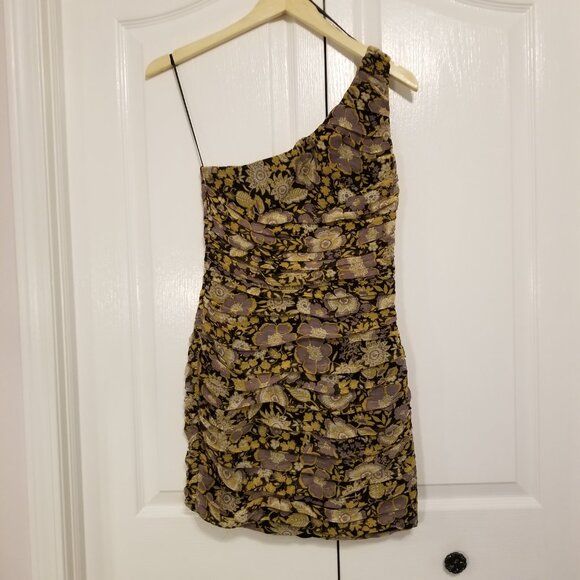 NWT Zara One Shoulder Dress Gold Pleated Floral Mini Ruched Bodycon Formal Dress - Picture 3 of 16